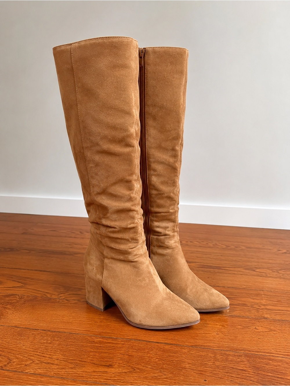 Lane Bryant Camel Suede-Like Knee High Boots Block Heel Wide Calf Size 7W